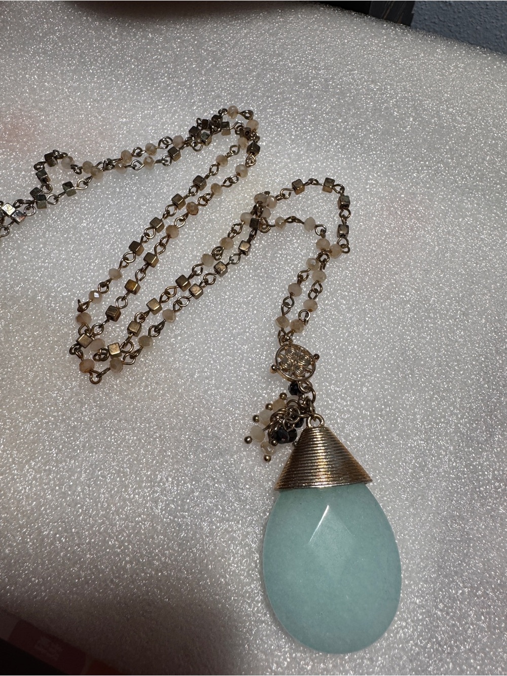 Gold Chain Necklace with Light Aqua Teardrop Pendant